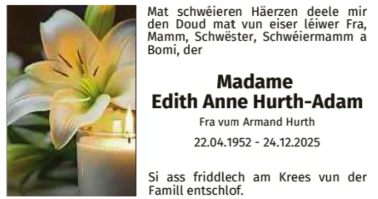 Traueranzeige für Edith Anne Hurth-Adam