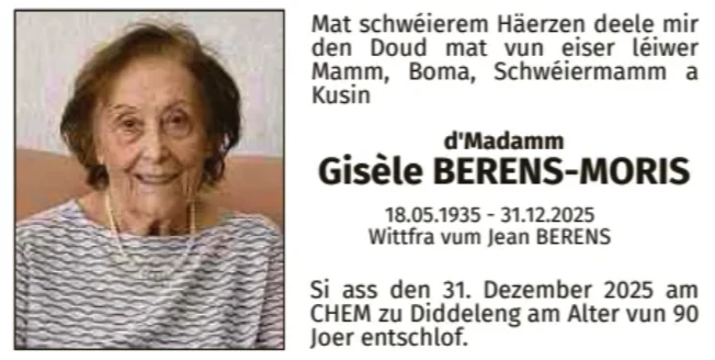 Traueranzeige für Gisèle Berens-Moris