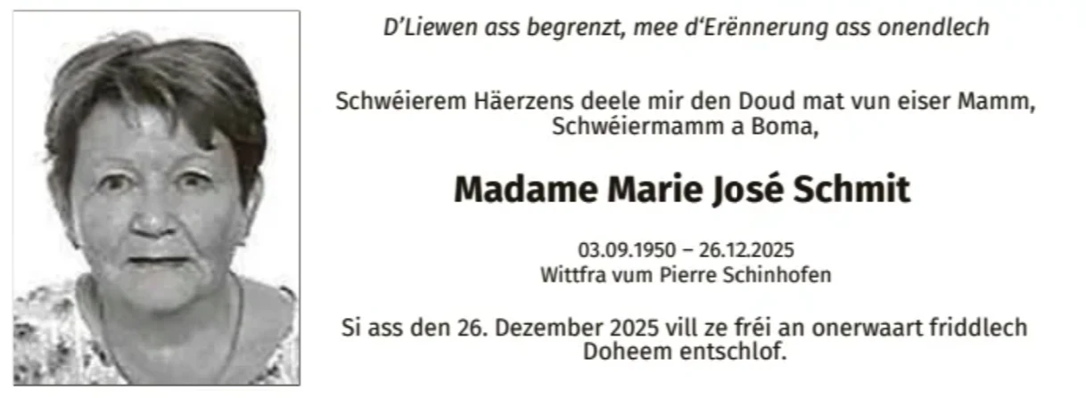 Traueranzeige für Marie José Schmit
