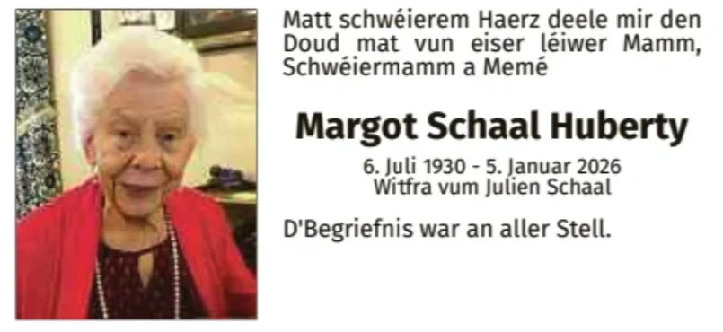 Traueranzeige für Margot Schaal Huberty