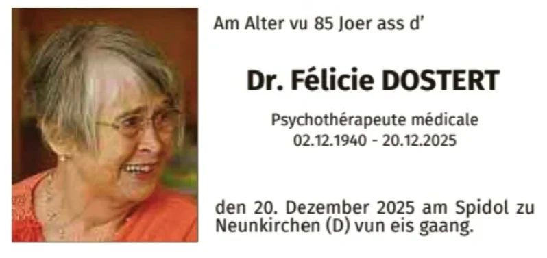 Traueranzeige für Dr. Félicie Dostert