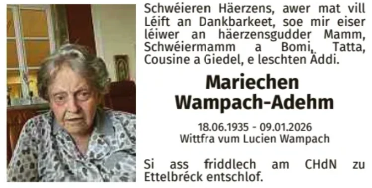 Traueranzeige für Mariechen Wampach-Adehm