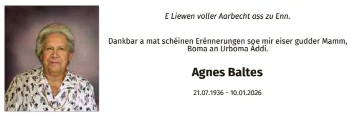 Traueranzeige für Agnes Baltes