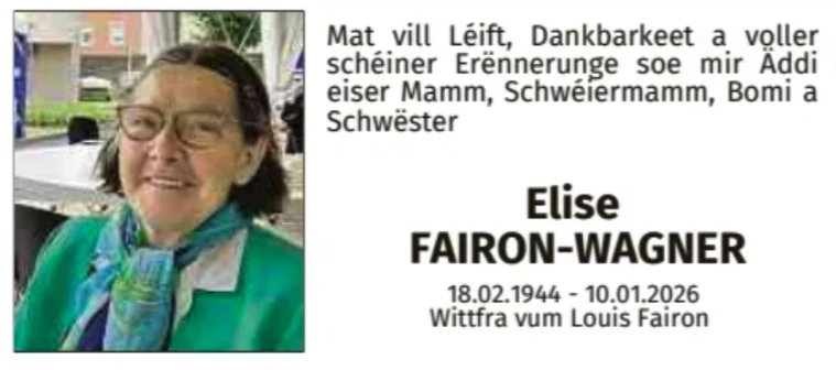 Traueranzeige für Elise Fairon-Wagner