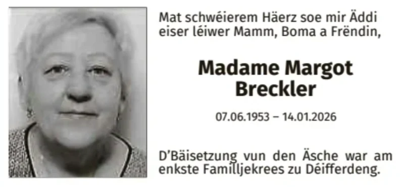 Traueranzeige für Margot Breckler