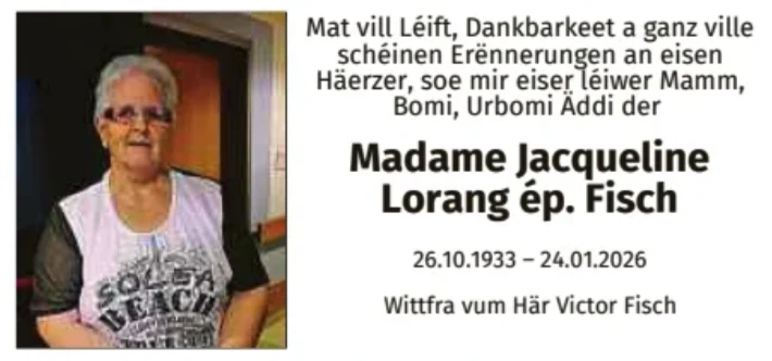 Traueranzeige für Jacqueline Lorang Ép. Fisch