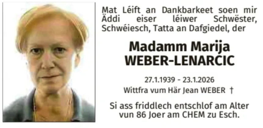 Traueranzeige für Marija Weber-Lenarcic