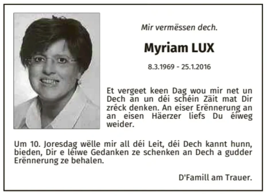Traueranzeige für Myriam Lux
