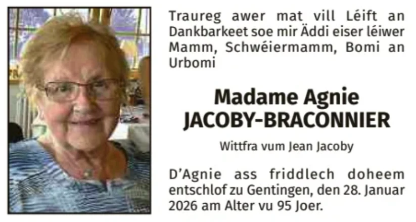 Traueranzeige für Agnie Jacoby-Braconnier