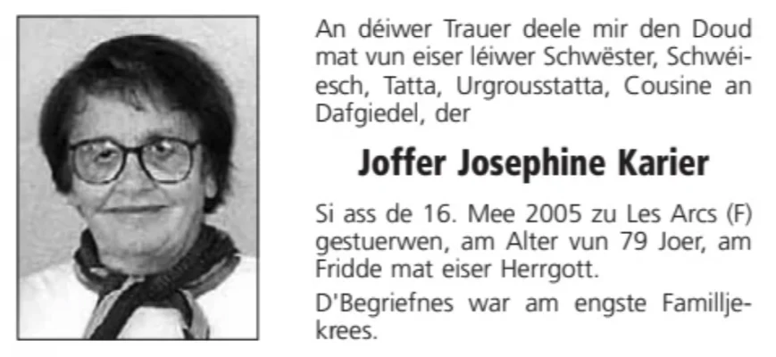 Traueranzeige für Josephine Karier