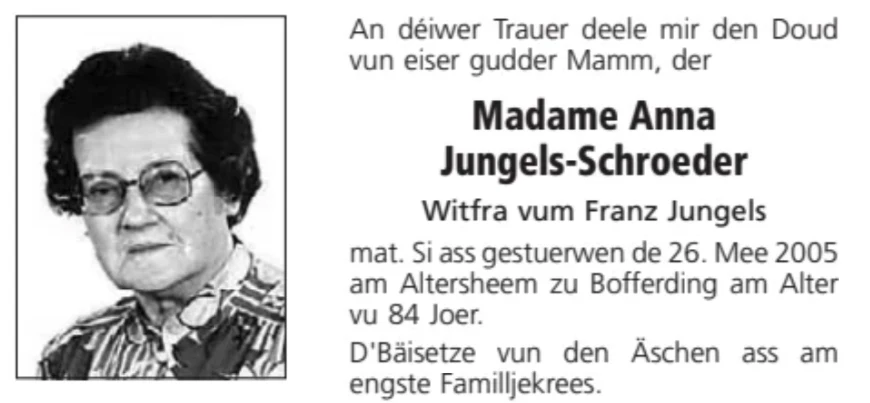 Traueranzeige für Anna Jungels-Schroeder