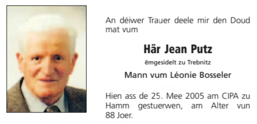 Traueranzeige für Jean Putz