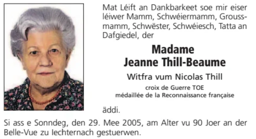 Traueranzeige für Jeanne Thill-Beaume