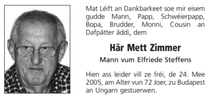 Traueranzeige für Mett Zimmer