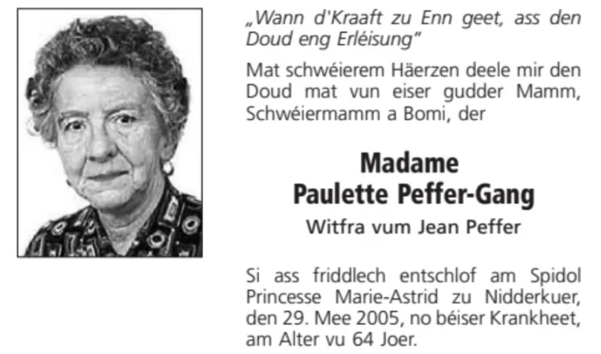Traueranzeige für Paulette Peffer-Gang