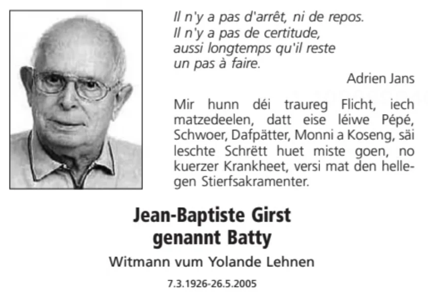 Traueranzeige für Jean-Baptiste Girst