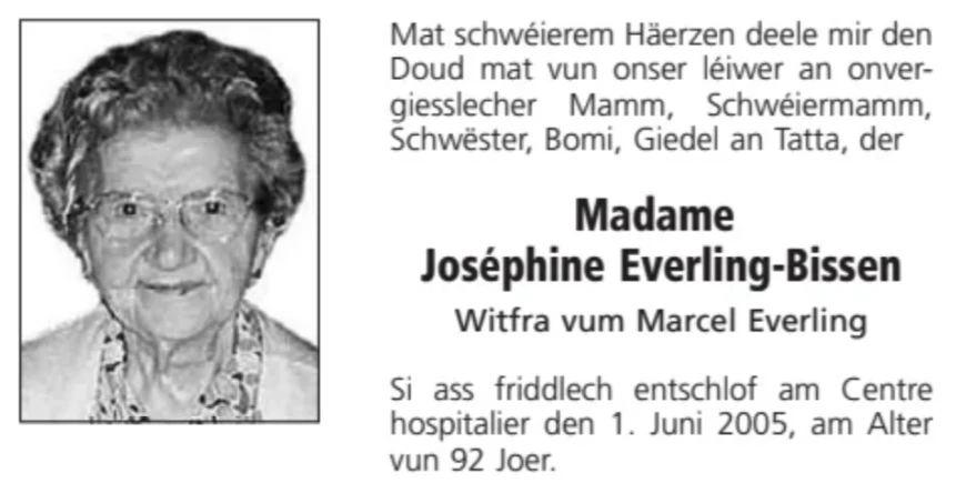 Traueranzeige für Joséphine Everling-Bissen