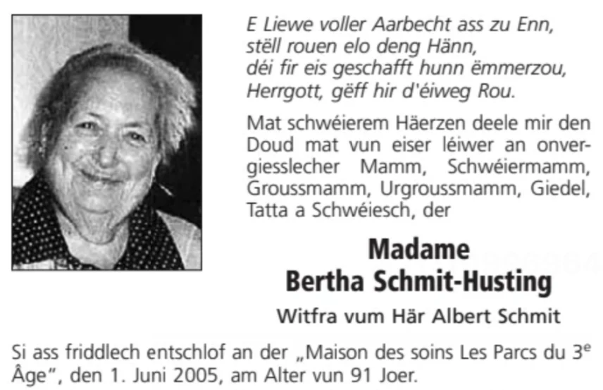 Traueranzeige für Bertha Schmit-Husting