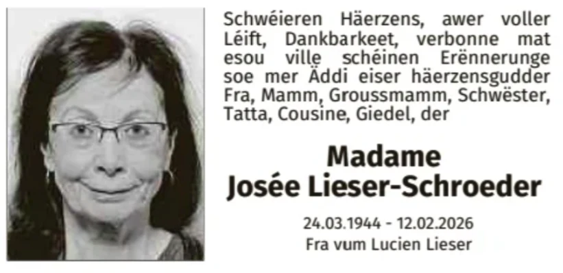 Traueranzeige für Josée Lieser-Schroeder