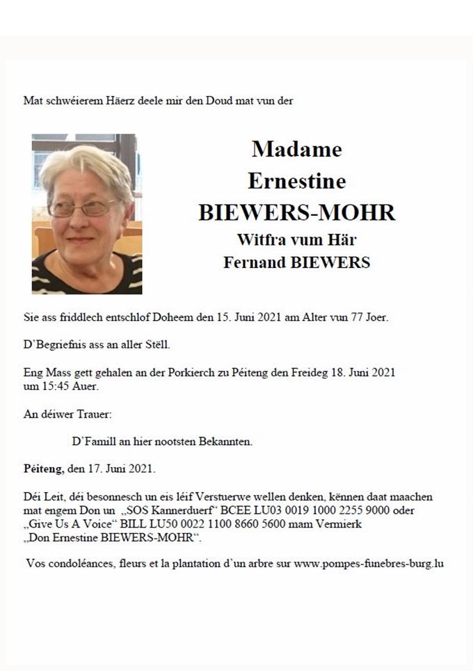 Madame Ernestine BIEWERS-MOHR 