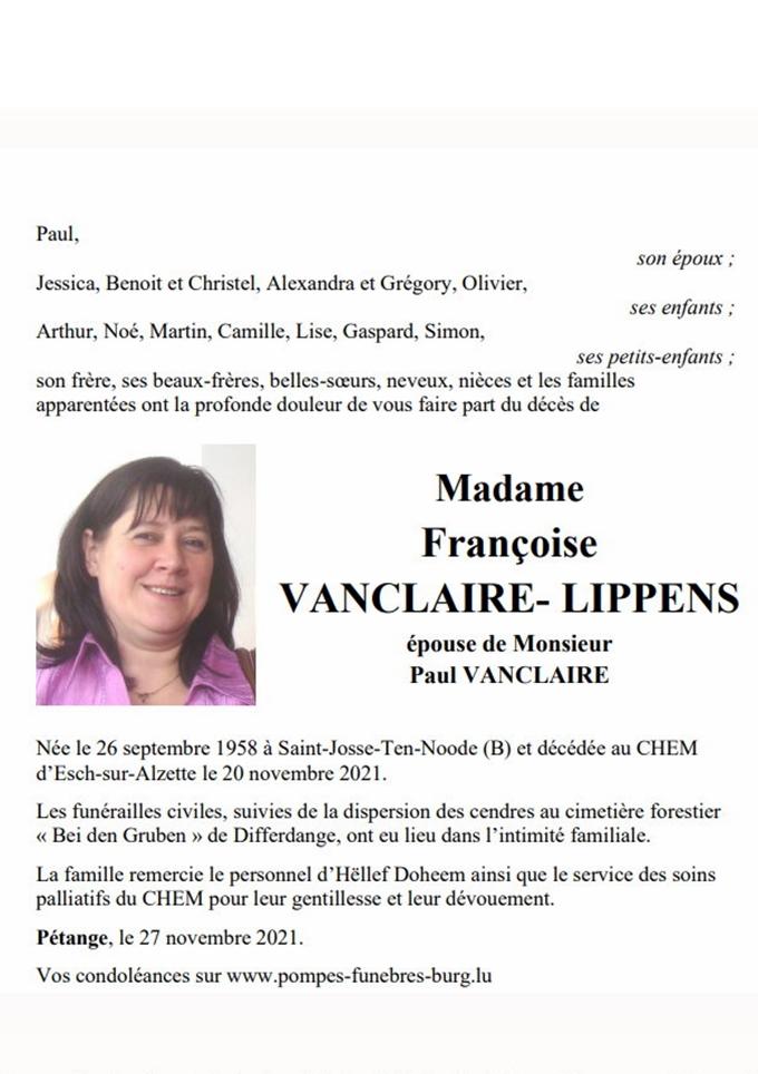 Madame Françoise VANCLAIRE- LIPPENS 
